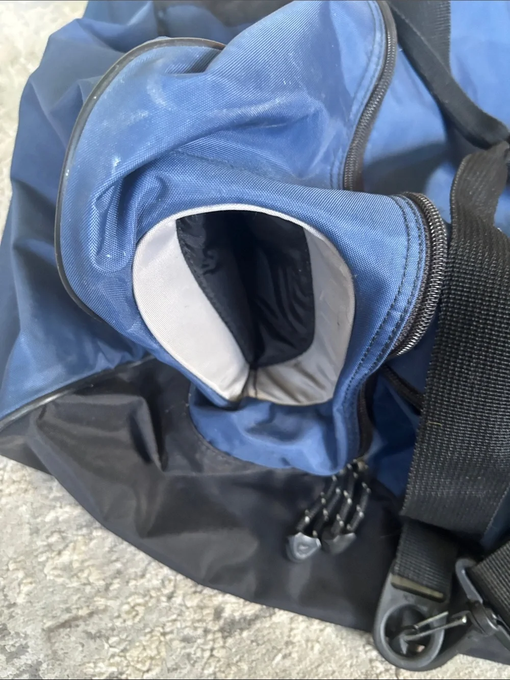 Vintage Nike Blue and Black Sports Duffel with Nike Swoosh